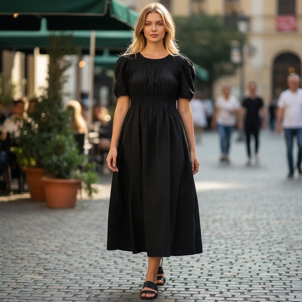 Nobodys Child Black Dark Organic Cotton Smocked Midi Dress Puff Sleeve USA 6